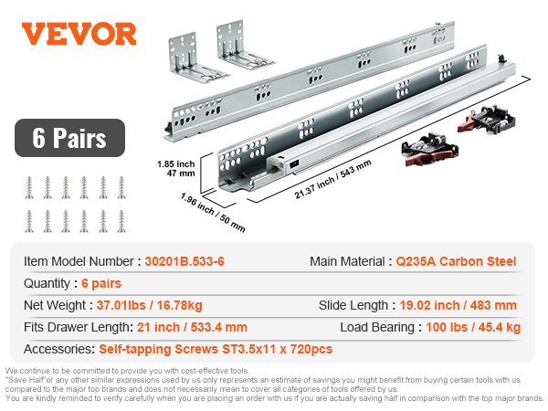 VEVOR drawer slides with q235a carbon steel, 6 pairs, 21-inch fit, 100 lbs load capacity, 61.73 lbs weight.