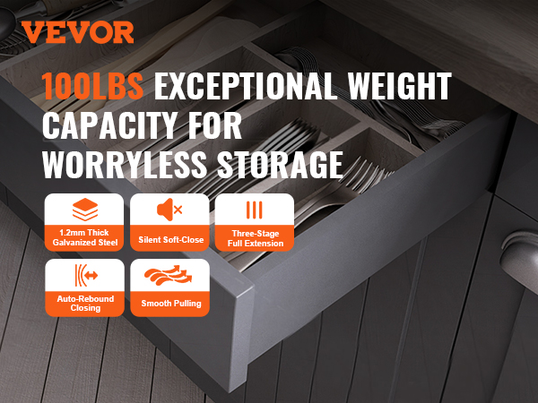VEVOR drawer slides with 100lbs capacity, smooth pulling, and three-stage full extension.