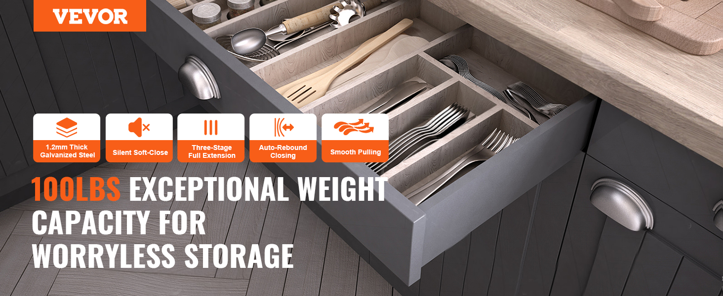 VEVOR drawer slides with 100lbs capacity, smooth pulling, and three-stage full extension.