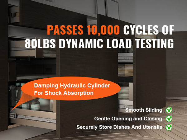 VEVOR drawer slides tested for 10,000 cycles at 80lbs, featuring damping hydraulic cylinder for shock absorption.