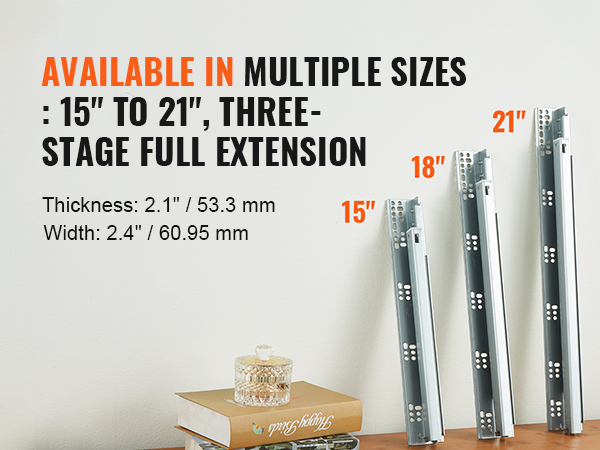 VEVOR drawer slides available in multiple sizes, 15" to 21", three-stage full extension, on a desk.