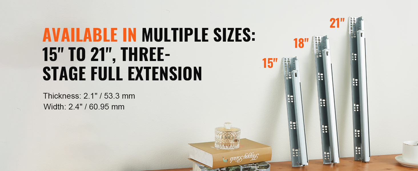 VEVOR drawer slides available in multiple sizes, 15" to 21", three-stage full extension, on a desk.