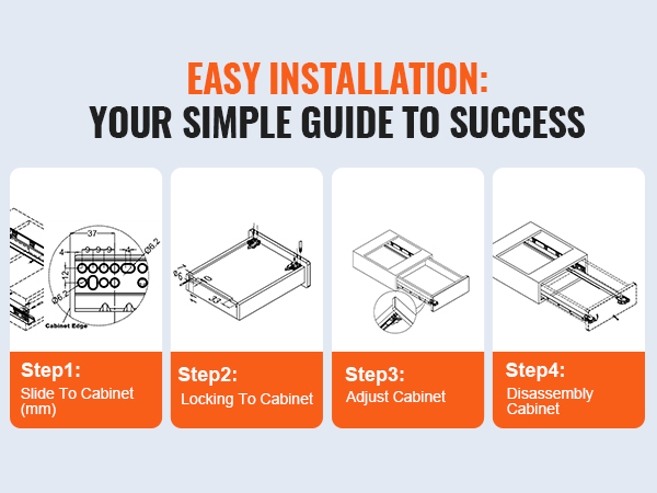 easy installation guide in four steps for VEVOR drawer slides with diagrams for precise assembly.