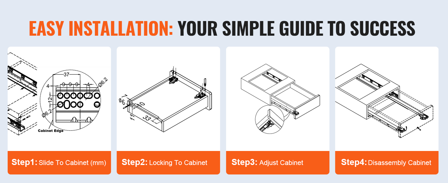 easy installation guide in four steps for VEVOR drawer slides with diagrams for precise assembly.