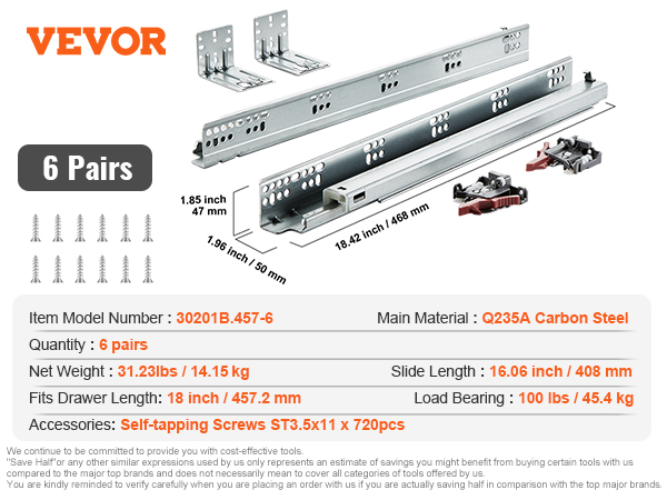 VEVOR drawer slides: 6 pairs, q235a carbon steel, load bearing 100 lbs, fits 18" drawers (457.2 mm).