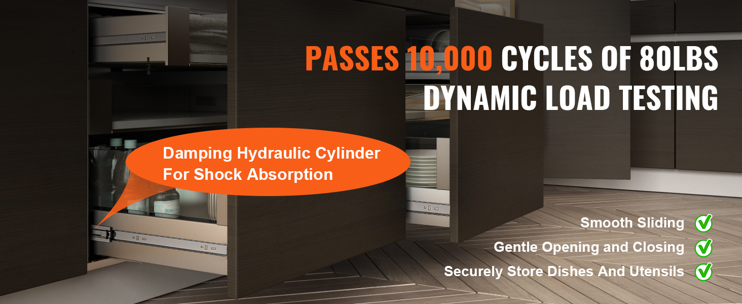 VEVOR drawer slides with damping hydraulic cylinder, passes 10,000 cycles of 80lbs dynamic load testing.