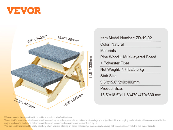 VEVOR wood pet stairs with natural pine wood, dimensions 9.5"x15.8"x11.8" and polyester-fiber cover.