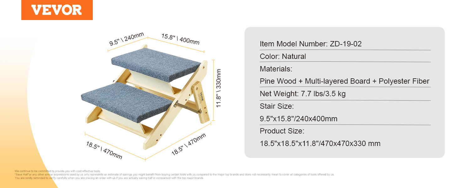 VEVOR wood pet stairs with natural pine wood, dimensions 9.5"x15.8"x11.8" and polyester-fiber cover.