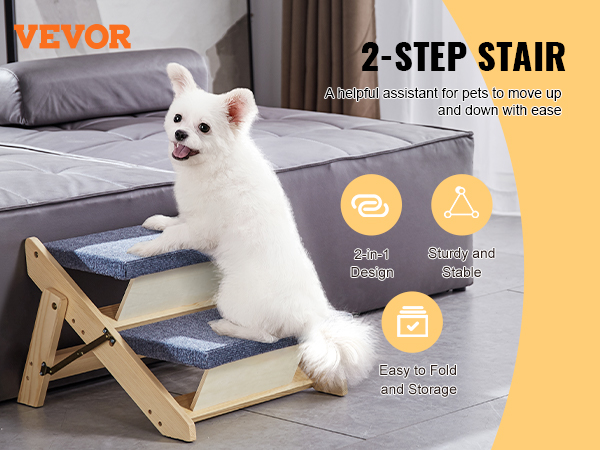 VEVOR wood pet stairs with 2-step design, aiding pets to climb onto the bed; sturdy, foldable, easy to store.
