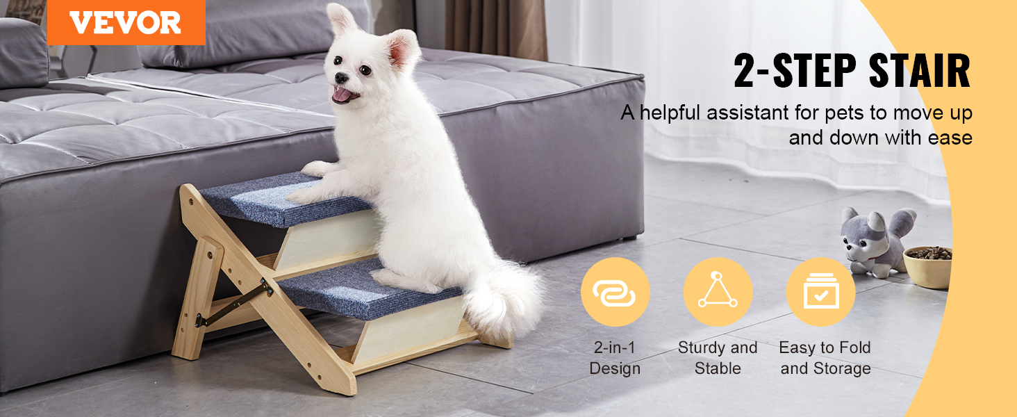 VEVOR wood pet stairs with 2-step design, aiding pets to climb onto the bed; sturdy, foldable, easy to store.