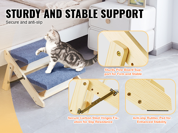 sturdy and stable VEVOR wood pet stairs with anti-slip surface and secure hinges for safe climbing.