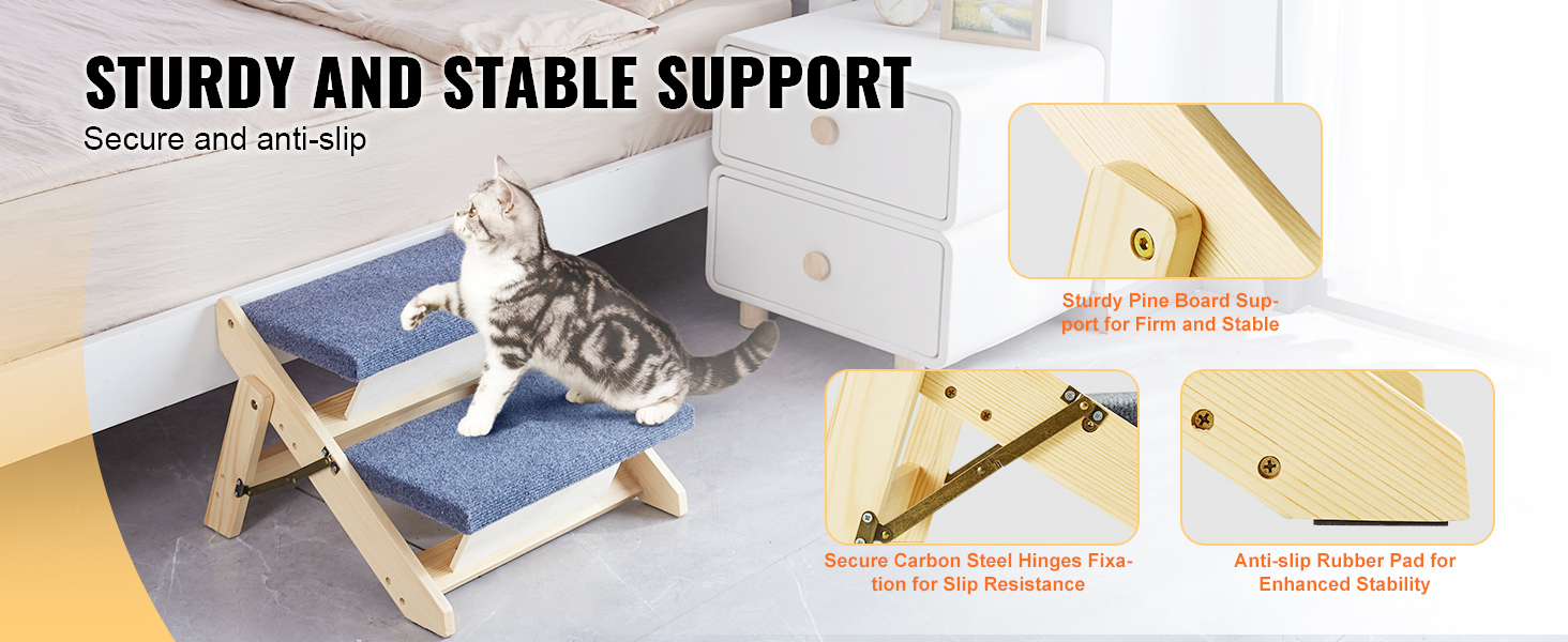 sturdy and stable VEVOR wood pet stairs with anti-slip surface and secure hinges for safe climbing.