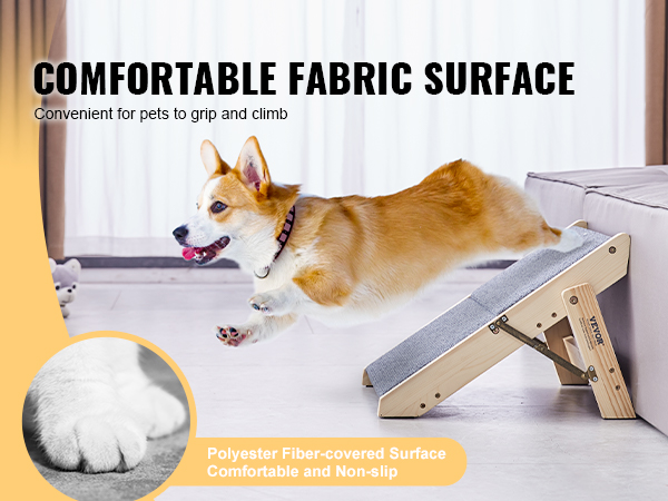 dog using VEVOR wood pet stairs to climb onto a sofa, featuring a comfortable fabric surface.