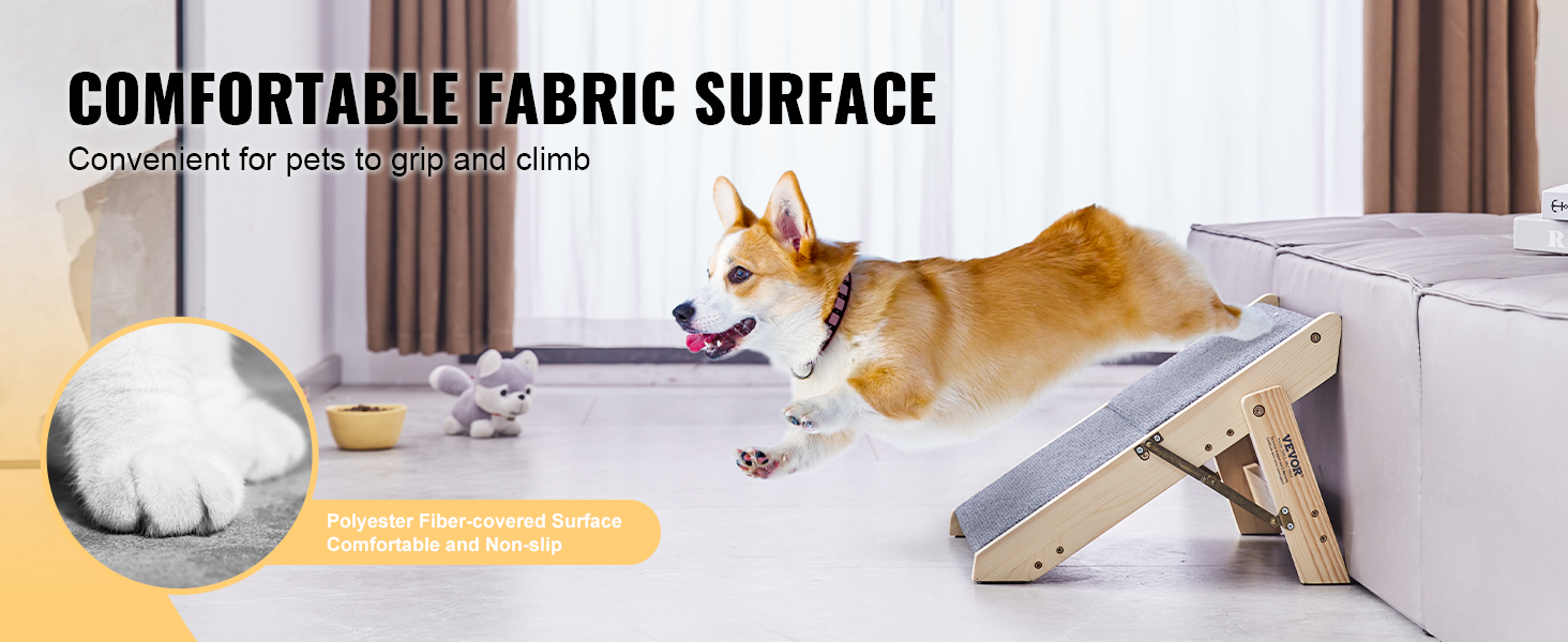 dog using VEVOR wood pet stairs to climb onto a sofa, featuring a comfortable fabric surface.