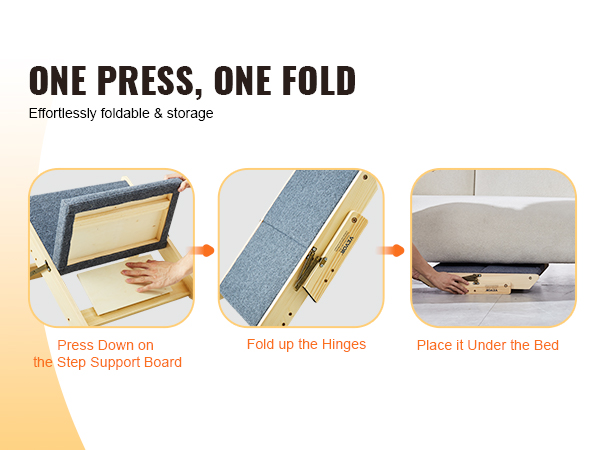VEVOR wood pet stairs: press, fold hinges, and store under bed for easy folding and storage. effortless setup.