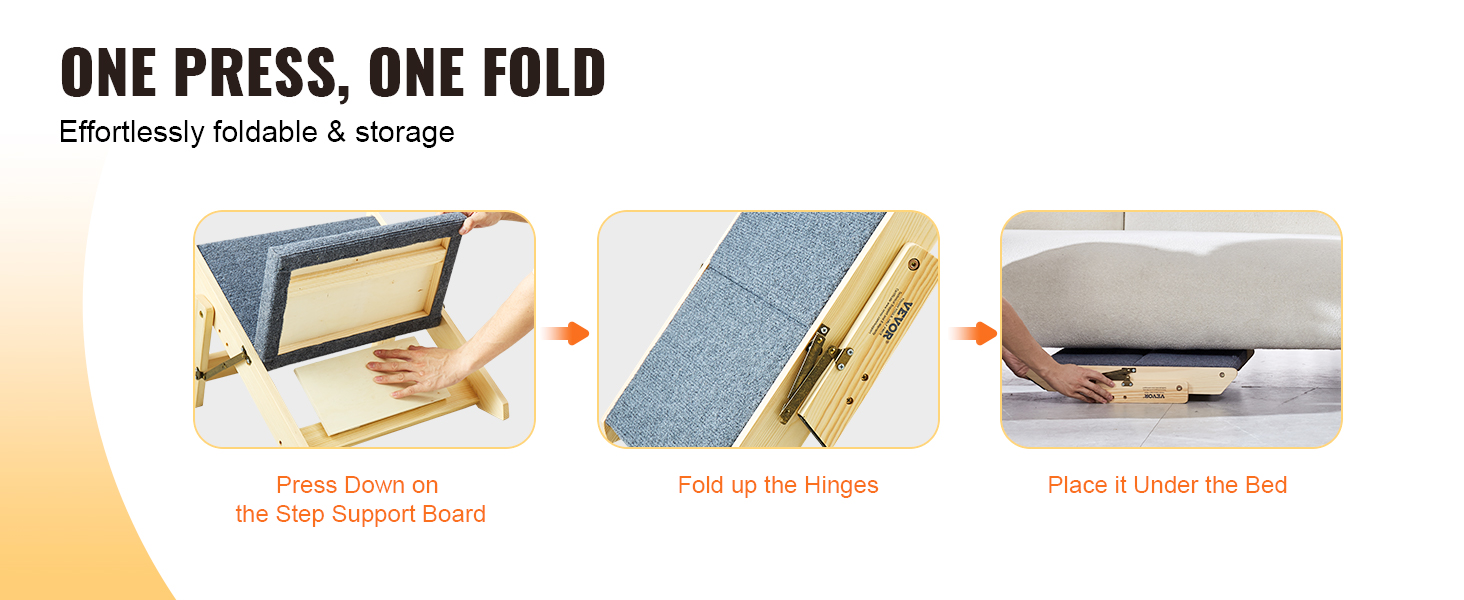 VEVOR wood pet stairs: press, fold hinges, and store under bed for easy folding and storage. effortless setup.