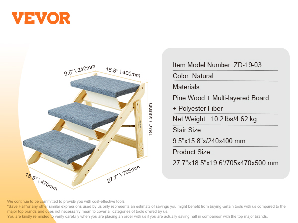 VEVOR pet stairs with pine wood frame, grey polyester fiber steps, and natural color finish.