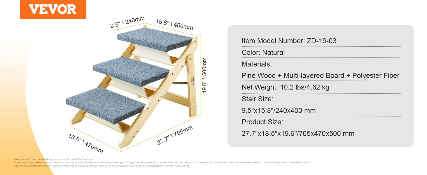 VEVOR pet stairs with pine wood frame, grey polyester fiber steps, and natural color finish.