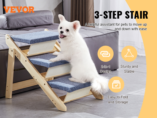 white dog on 3-step VEVOR pet stairs next to a bed in a modern living room, featuring foldable design.