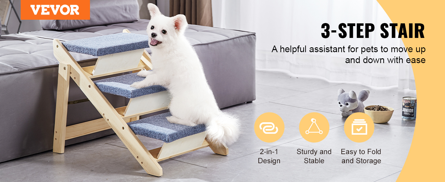 white dog on 3-step VEVOR pet stairs next to a bed in a modern living room, featuring foldable design.