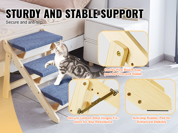VEVOR pet stairs with sturdy pine support, anti-slip rubber pad, and carbon steel hinges for stability.