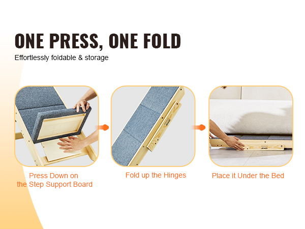 one press, one fold VEVOR pet stairs, effortlessly foldable and easy to store under bed.