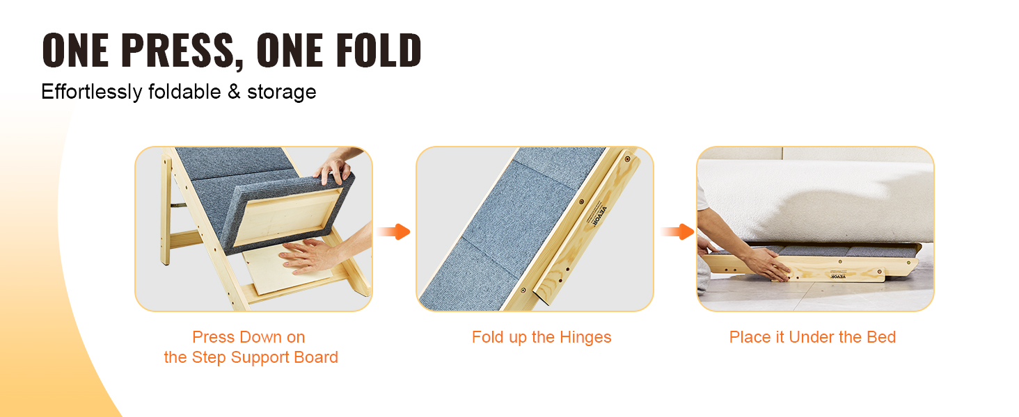 one press, one fold VEVOR pet stairs, effortlessly foldable and easy to store under bed.