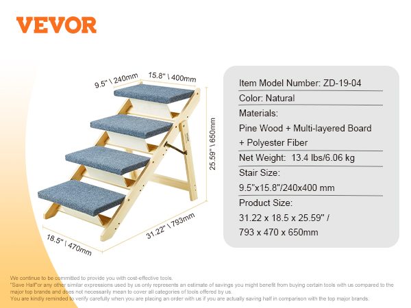 VEVOR wood pet stairs, pine wood with blue polyester-covered steps, dimensions and weight displayed.