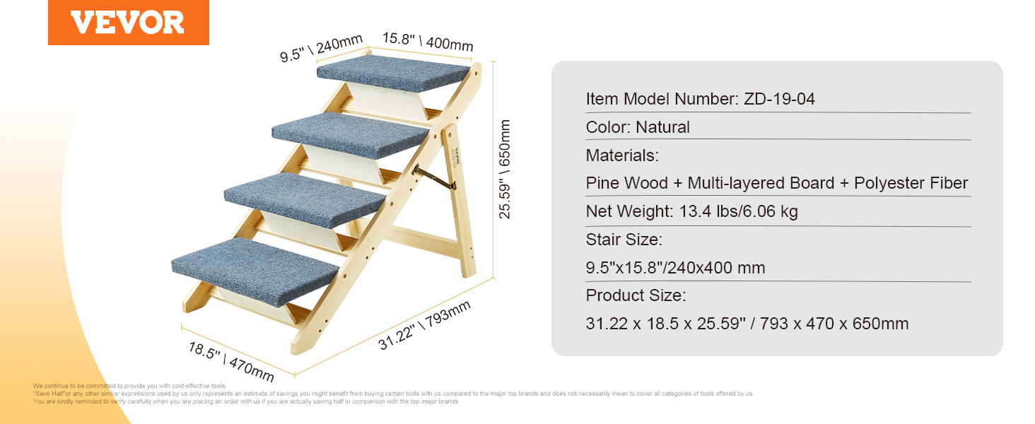 VEVOR wood pet stairs, pine wood with blue polyester-covered steps, dimensions and weight displayed.