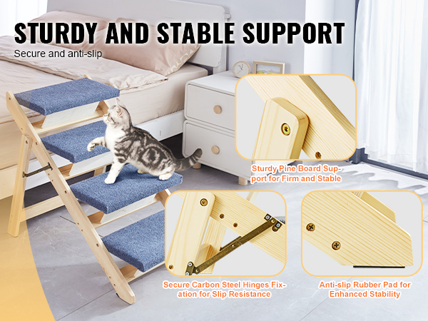 cat using VEVOR wood pet stairs beside bed, showcasing sturdy pine support, secure hinges, and anti-slip pads.