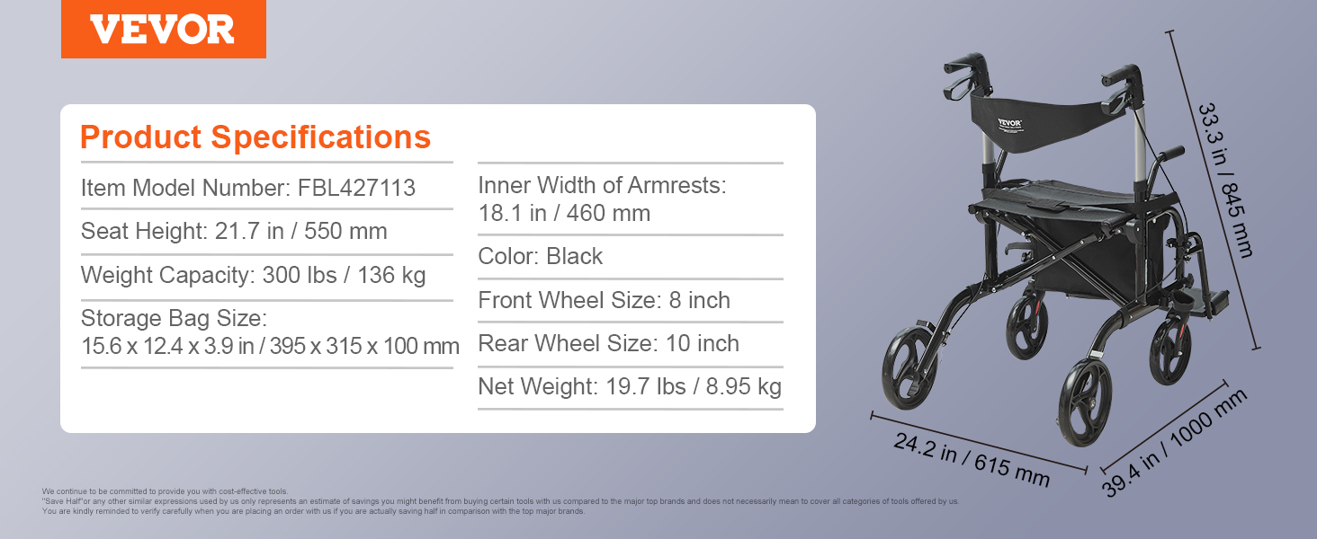 VEVOR rollator walker product specifications with dimensions, weight, and features in black color.