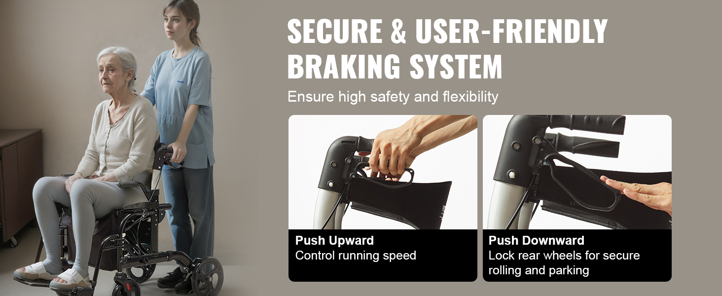 VEVOR rollator walker featuring secure braking system for high safety and flexibility. push-up to control speed, push-down to lock wheels.
