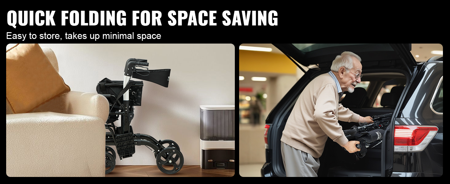VEVOR rollator walker folds compactly for easy, minimal space storage; fits efficiently in a car trunk.