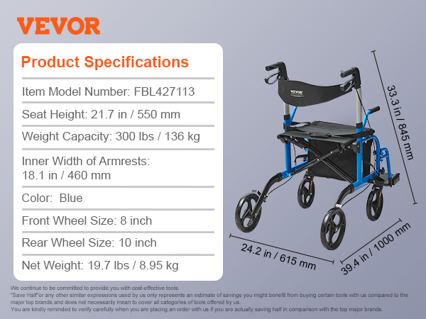 VEVOR rollator walker with dimensions and specs, blue frame, large wheels, and storage bag.