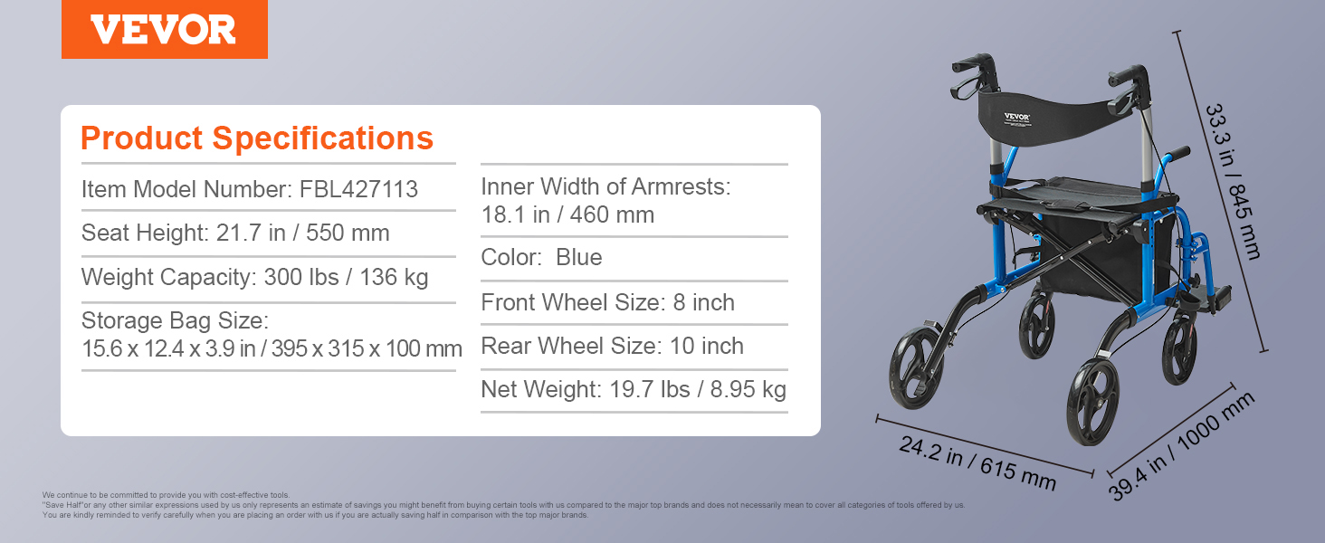 VEVOR rollator walker with dimensions and specs, blue frame, large wheels, and storage bag.