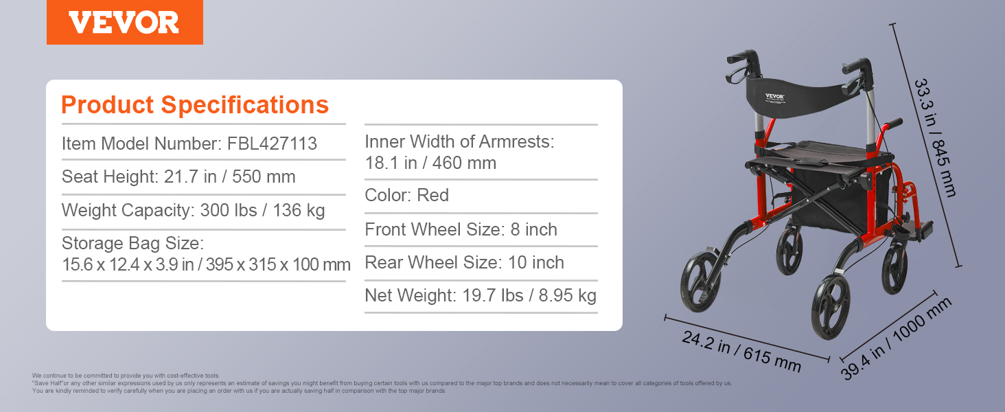 VEVOR rollator walker transport chair in red with dimensions, specifications, and features displayed.