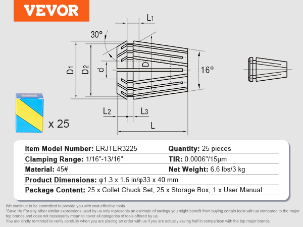 VEVOR er32 collet set, quantity 25, 1/16"-13/16" clamping range, includes storage box, and user manual.