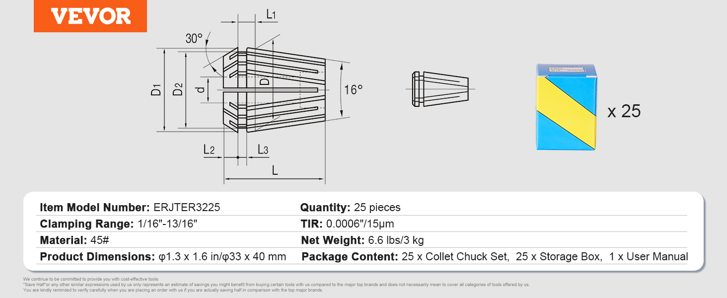VEVOR er32 collet set, quantity 25, 1/16"-13/16" clamping range, includes storage box, and user manual.