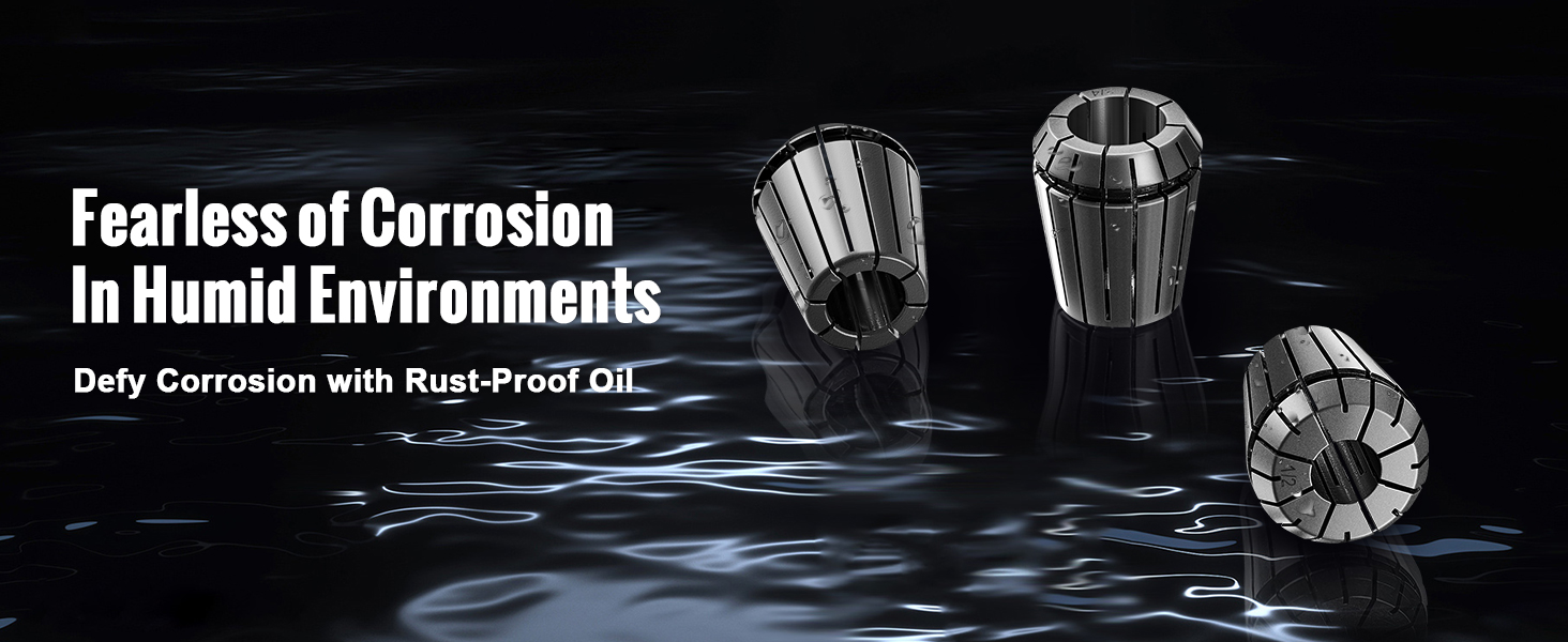 VEVOR er32 collet set on reflective surface with anti-corrosion text.