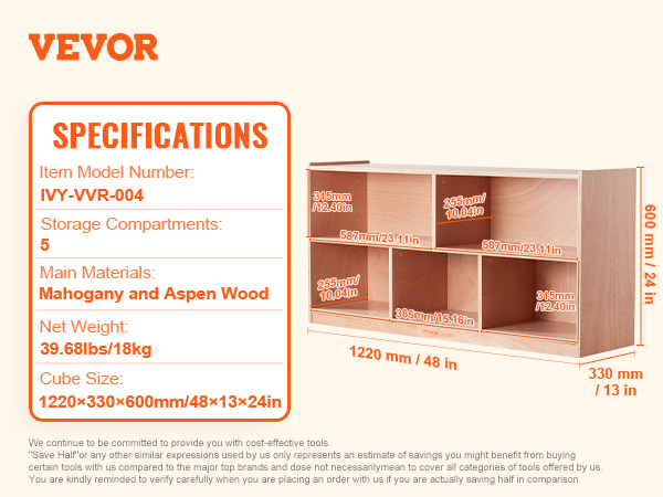 VEVOR storage shelf specifications, 20 compartments, mahogany and aspen wood, 1220x330x760mm.