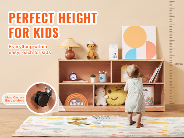 VEVOR storage shelf for kids, adjustable, wooden, toys and books, with casters for easy movement.