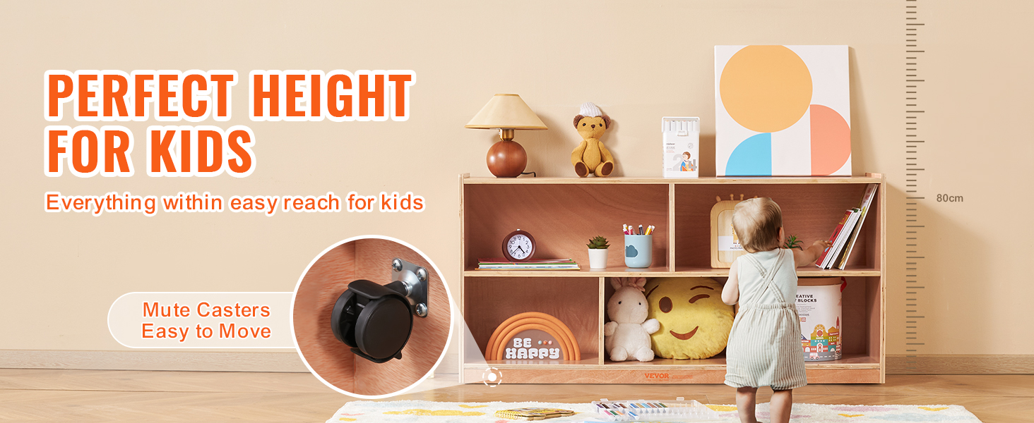 VEVOR storage shelf for kids, adjustable, wooden, toys and books, with casters for easy movement.