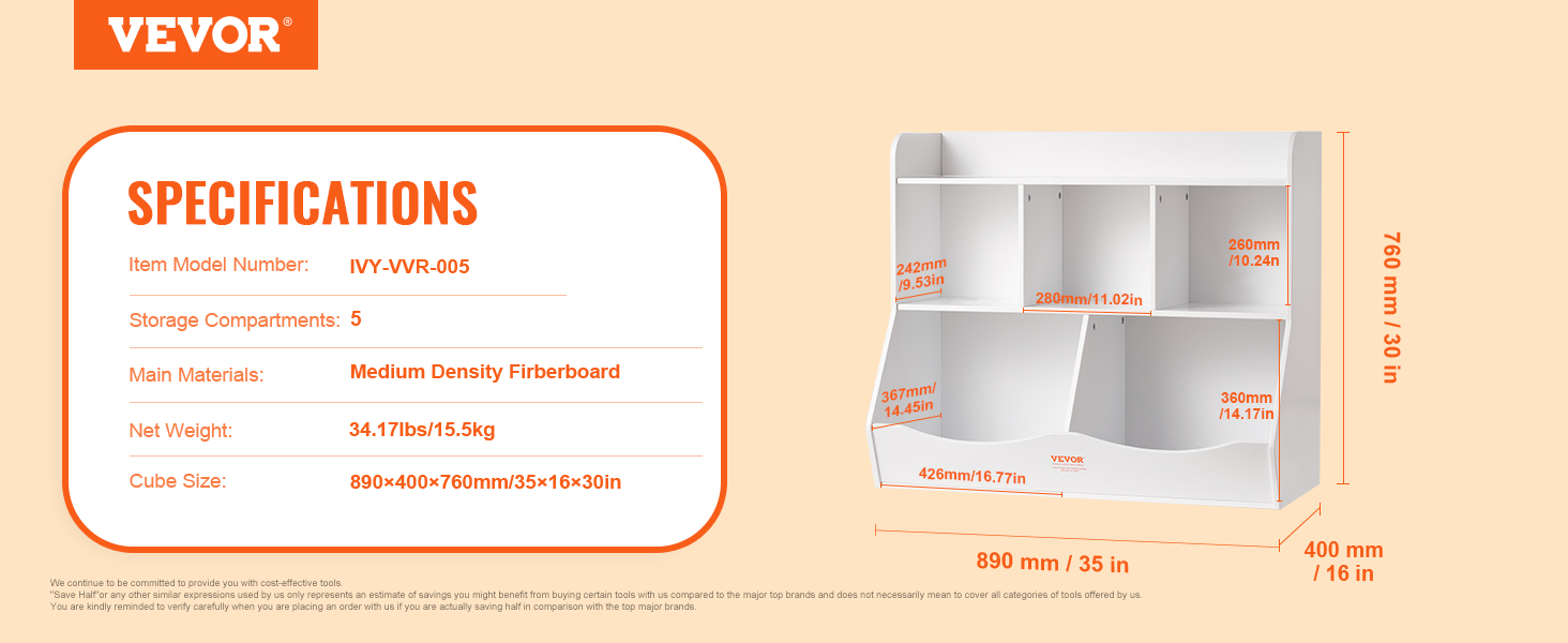 VEVOR toy storage organizer with 5 compartments, made of medium density fiberboard, 35x16x30 inches.