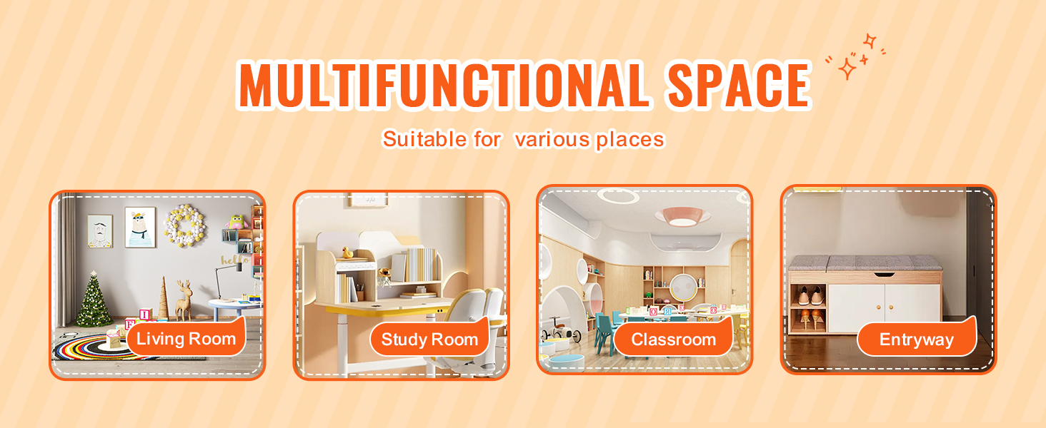 multifunctional spaces featuring VEVOR toy storage organizer for living room, study room, classroom, entryway.
