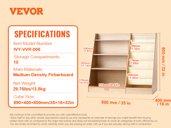 VEVOR bērnu grāmatu plaukts ar 10 nodalījumiem, mdf materiāls, 35x16x32 collas, 29,76 lbs.