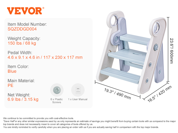 VEVOR toddler step stool, model sqzddgd004, blue, pe, 150 lbs capacity, 6.9 lbs weight, dimensions shown.