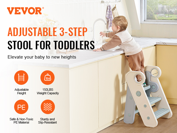 VEVOR toddler step stool, adjustable 3-step design, safe pe material, 150 lbs capacity, fits 2-7 years kids.