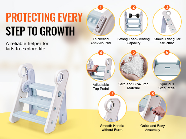 VEVOR toddler step stool: safe, sturdy, bpa-free, anti-slip, adjustable, easy assembly, spacious steps.