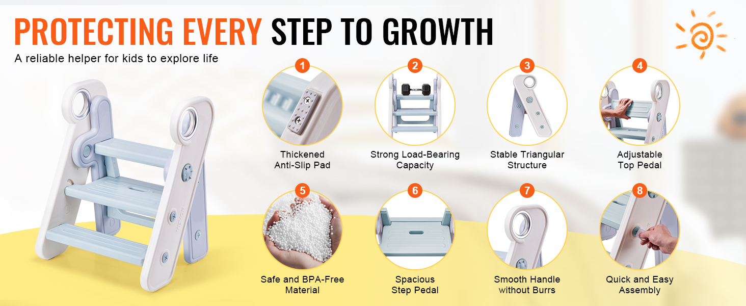 VEVOR toddler step stool: safe, sturdy, bpa-free, anti-slip, adjustable, easy assembly, spacious steps.