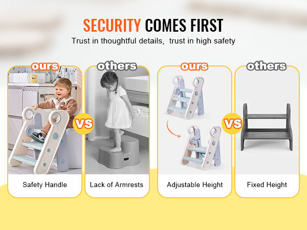 VEVOR toddler step stool comparison highlights safety handle, adjustable height vs. lack of armrests, fixed height.